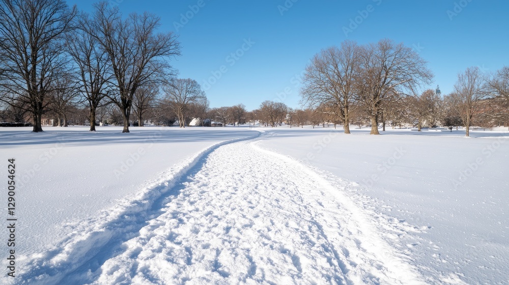 Snowy park path, winter landscape, sunny day, trees Snowy park path, winter landscape, sunny day, trees