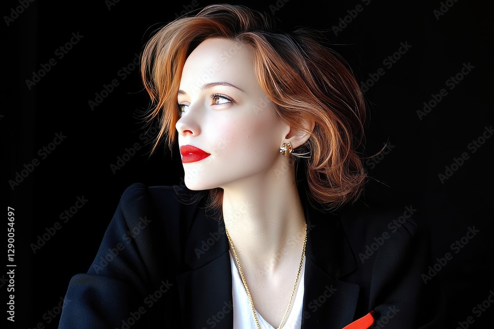 Elegant Woman with Red Lips and Black Blazer Gazing into the Distance Elegant Woman with Red Lips and Black Blazer Gazing into the Distance