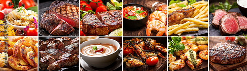 Collage of mouthwatering dishes including fish, pasta, chicken, fries, coffee, and more. Vibrant food images with steaks, vegetables, shrimp, and fritters on white plates, perfect for American restaur photo