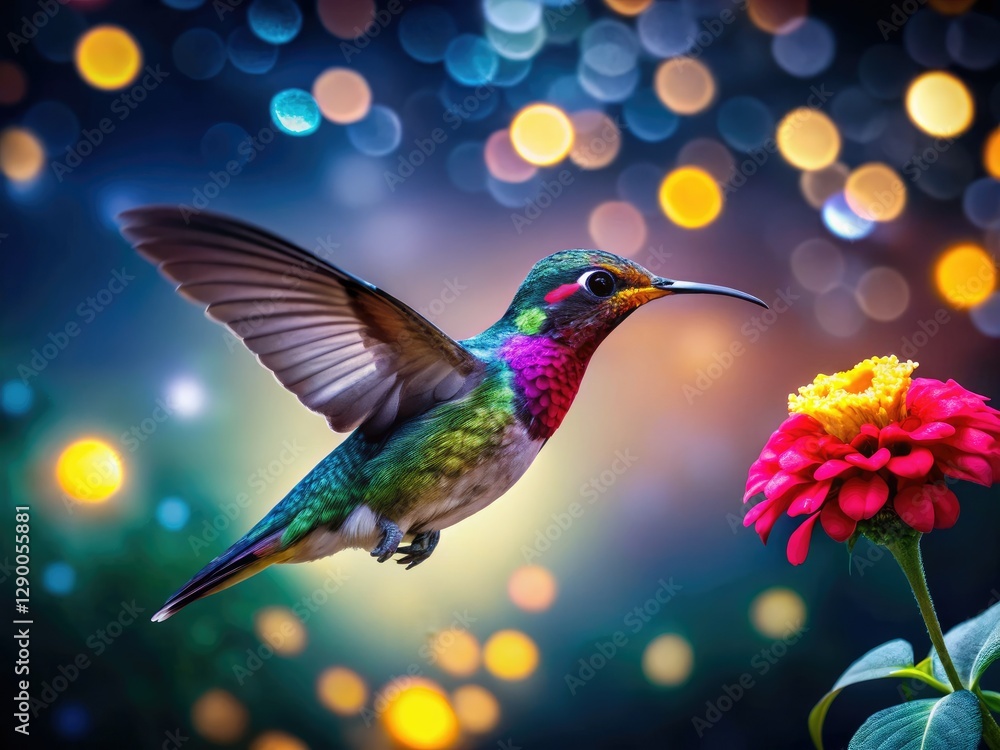 Obraz premium Macro shot of a vibrant hummingbird feeding at a colorful flower in a dark, natural low-light setting.