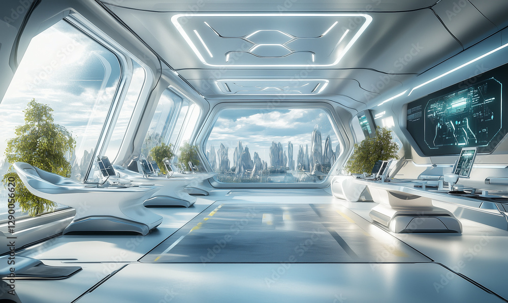Fototapeta premium Futuristic office space with wide windows, open design, and cutting-edge technology for enhanced modern productivity.