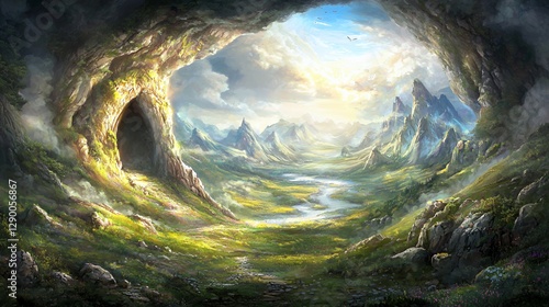 Enchanted Cave Opening to a Sunlit Valley Landscape