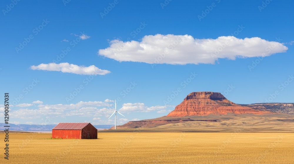 Obraz premium rural farm landscape featuring red barn, wind turbines, and rocky mountain under blue sky