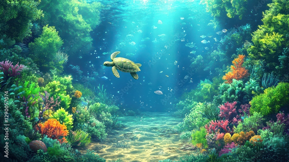 Fototapeta premium Underwater scene with sea turtle swimming over vibrant coral reef.