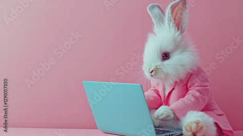 fluffy white rabbit in pink suit sits at laptop, creating whimsical and playful scene. vibrant colors and unique attire add fun touch to image