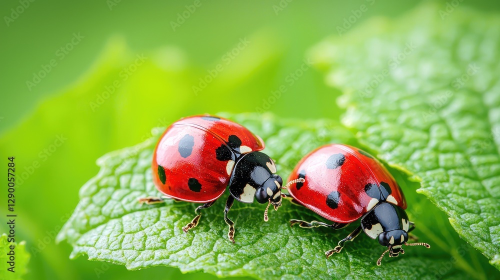 Fototapeta premium Two ladybugs mating on a green leaf, nature background, spring