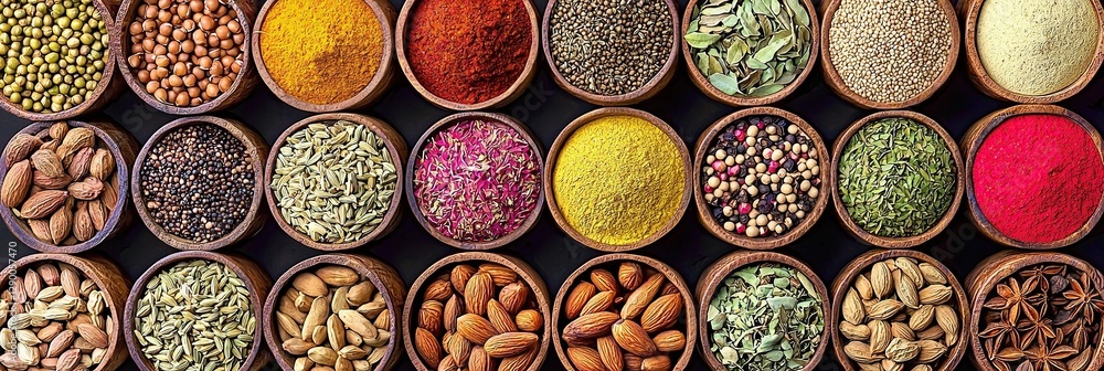 A vibrant display of colorful spices and herbs in wooden bowls, arranged in an exotic kitchen concept with various types of powder in brown ceramic pots, showcasing Indian food ingredients. A vibrant display of colorful spices and herbs in wooden bowls, arranged in an exotic kitchen concept with various types of powder in brown ceramic pots, showcasing Indian food ingredients.