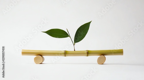 Green leaves sprouting from bamboo, minimalist white isolated background.