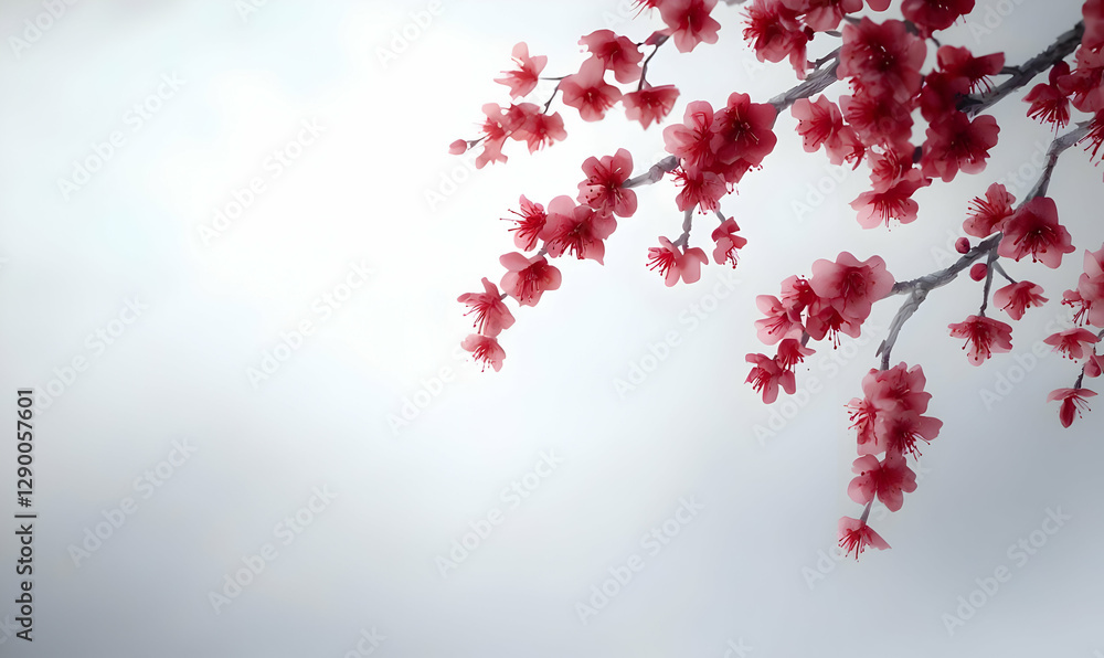 Delicate Pink Cherry Blossom Branch Against Soft White Background Delicate Pink Cherry Blossom Branch Against Soft White Background
