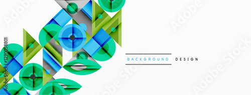 Geometric abstract composition with intersecting shapes, circles, triangles, and gradients, blending vibrant colors and dynamic contrasts to create a modern, futuristic visual design