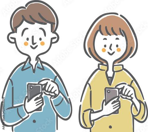 スマホを操作する夫婦　上半身　ベクター