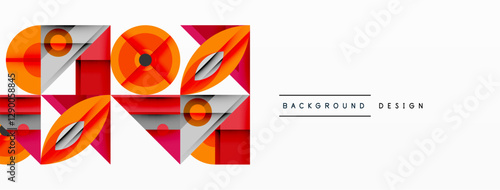 Geometric abstract composition with intersecting shapes, circles, triangles, and gradients, blending vibrant colors and dynamic contrasts to create a modern, futuristic visual design