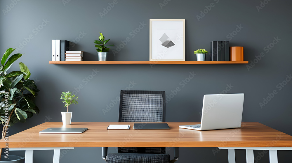 Modern Minimalist Home Office Workspace with Wood Desk and Grey Walls Modern Minimalist Home Office Workspace with Wood Desk and Grey Walls