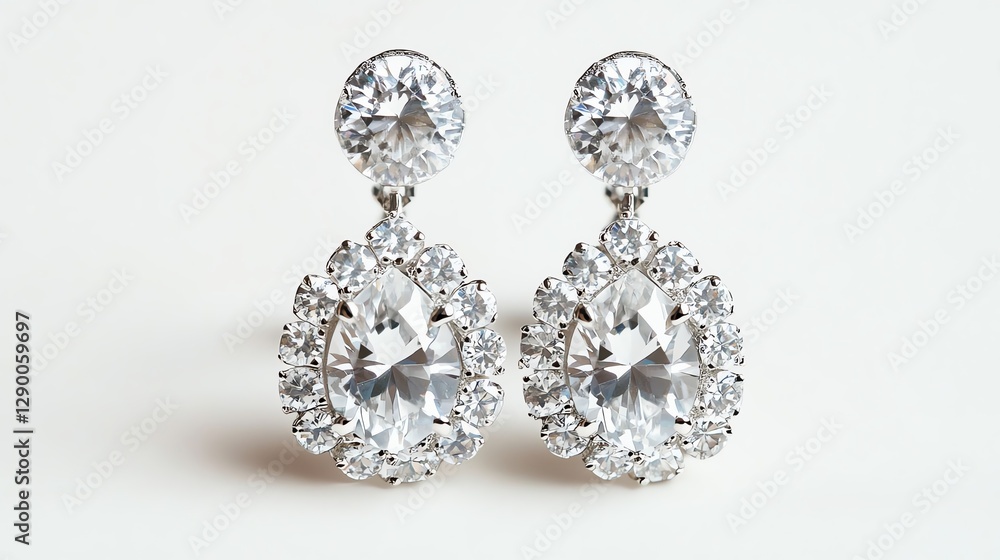 Elegant diamond earrings with a sparkling design on a white isolated background. Elegant diamond earrings with a sparkling design on a white isolated background.