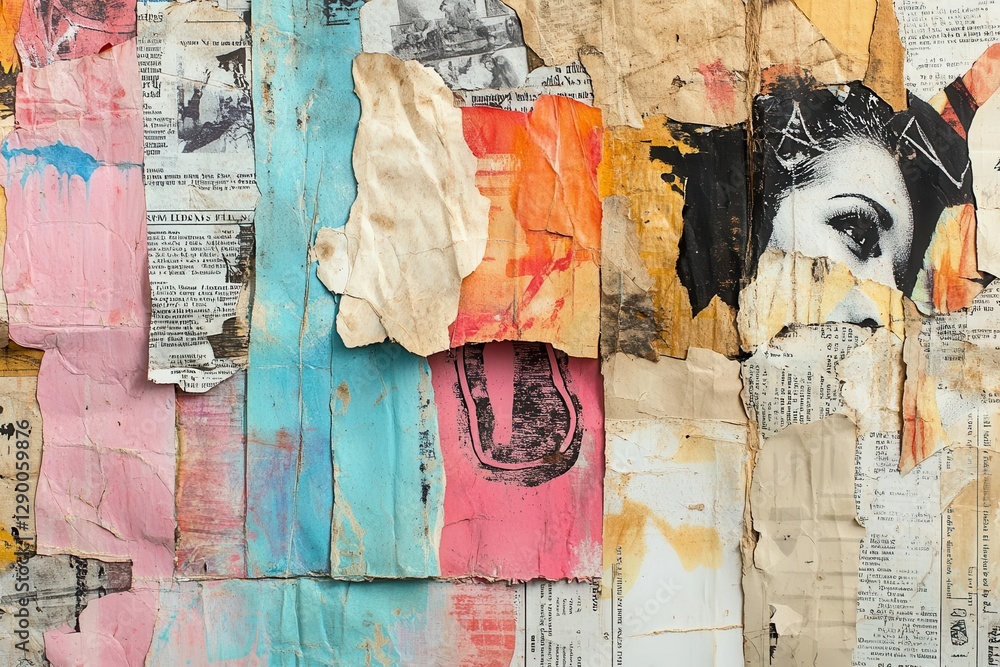 bold collage of torn newspaper scraps and cursive letters on weathered parchment, vibrant feminist symbols pop, raw energy celebrates women’s history month, gritty texture.