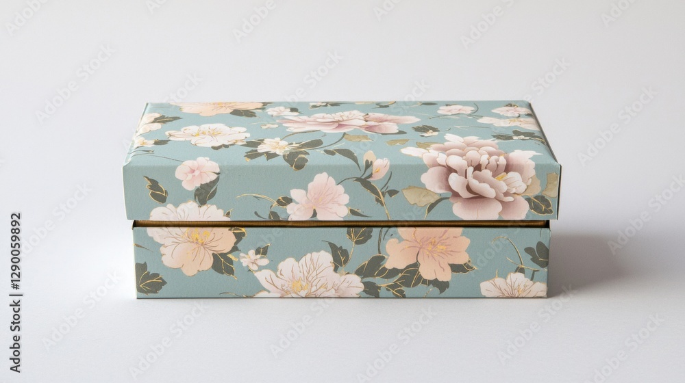 Obraz premium Floral gift box on a white background. The box is decorated with a floral pattern in shades of pink, white, and green.
