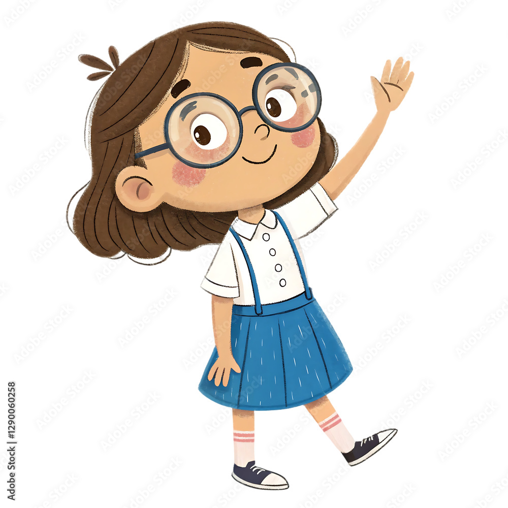 Cute Engaging Girl with Glasses and Blue Skirt in Welcoming Gesture for Storybooks and Educational Materials. Cute Engaging Girl with Glasses and Blue Skirt in Welcoming Gesture for Storybooks and Educational Materials.