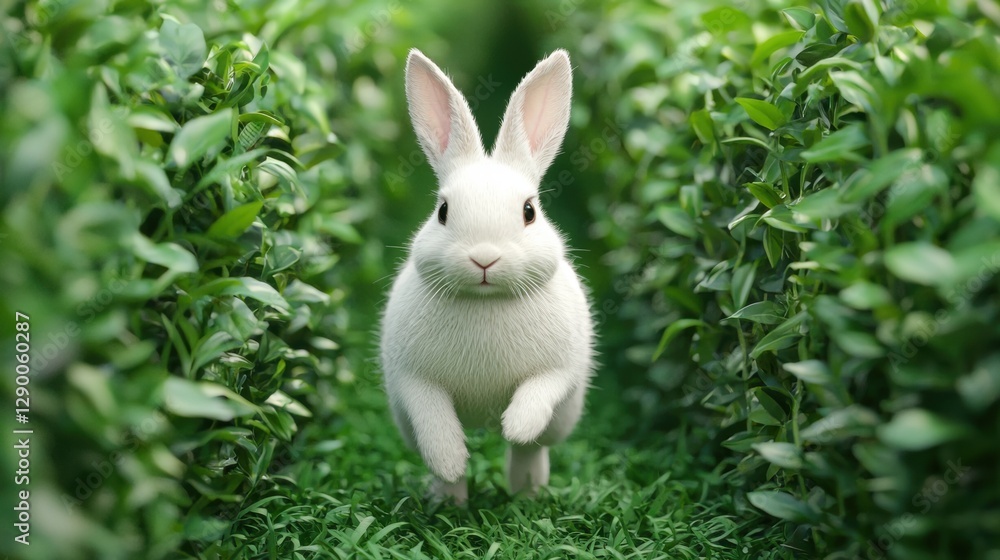 Fototapeta premium A white rabbit runs through a green field. Concept of nature, wildlife, and spring.