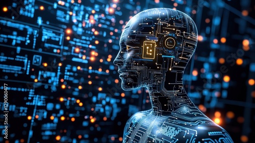 AI supervised machine learning. Digital humanoid silhouette with a glowing circuit background.