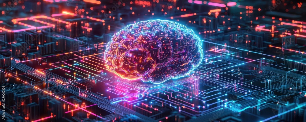 Fototapeta premium AI supervised machine learning. Digital brain on a circuit board with glowing data connections.