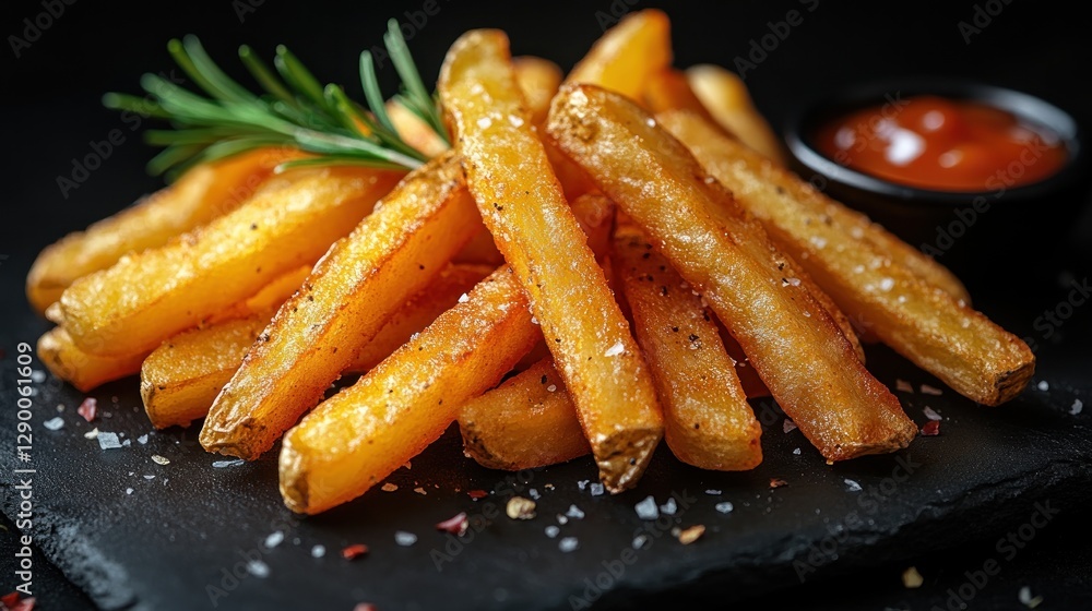 Crispy French Fries with Rosemary and Ketchup on Slate Crispy French Fries with Rosemary and Ketchup on Slate
