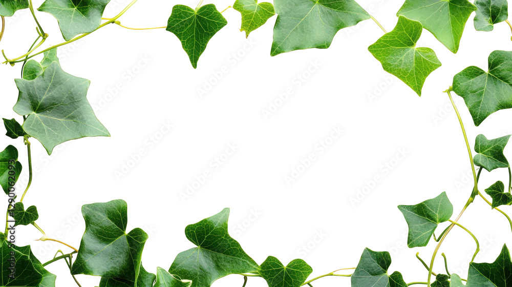 Fototapeta premium border made of lush green ivy leaves against a white background. creating a natural and fresh aesthetic it can be used for various purposes such as invitations. greeting cards. or decorative elements
