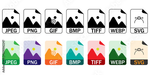 Collection of vector icons for image file formats (JPG, PNG, GIF, BMP, TIFF, WEBP, SVG) in outline and color styles. Ideal for UI/UX, web, and graphic design projects.