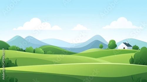 Picturesque green landscape featuring a charming house nestled among vibrant fields and lush vegetation