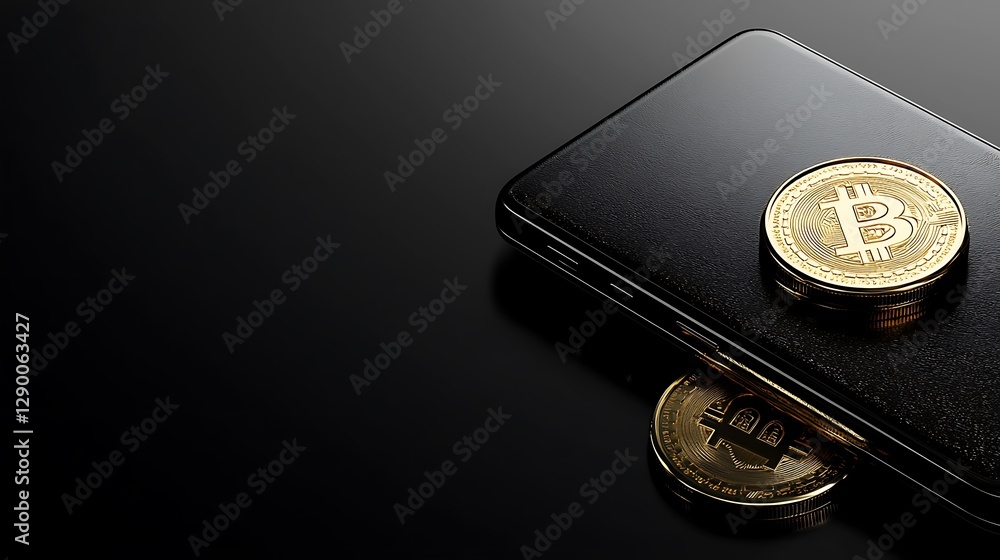Modern Smartphone with Bitcoin Coins Reflecting on Black Surface for Cryptocurrency Concept Modern Smartphone with Bitcoin Coins Reflecting on Black Surface for Cryptocurrency Concept