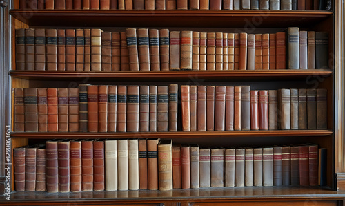 Timeless classic wooden bookrack elegantly filled with an impressive collection of leather-bound literary treasures today