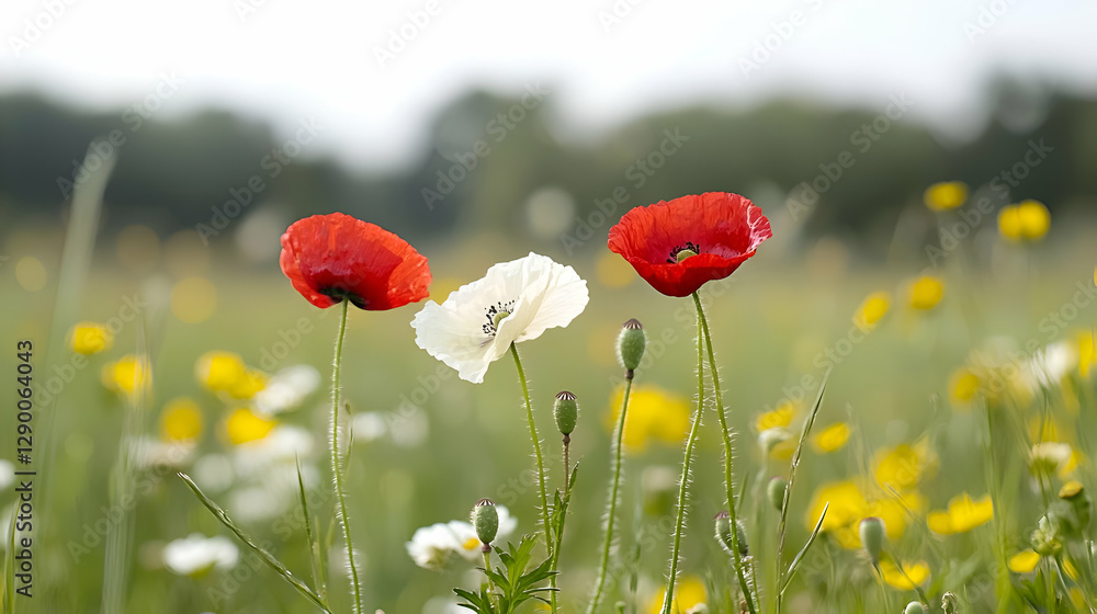 Obraz premium Red and White Poppies in a Summer Field
