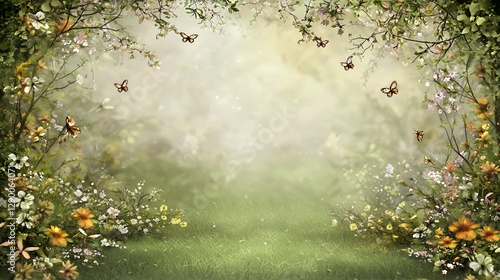 Enchanted Forest Path with Butterflies and Flowers
