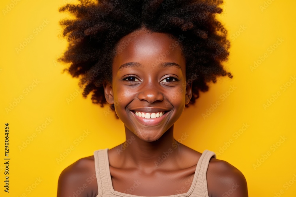Bright Smile of a Joyful Young Black Girl with Natural Hair Posing Against a Vibrant Yellow Background, Radiating Happiness and Confidence Bright Smile of a Joyful Young Black Girl with Natural Hair Posing Against a Vibrant Yellow Background, Radiating Happiness and Confidence