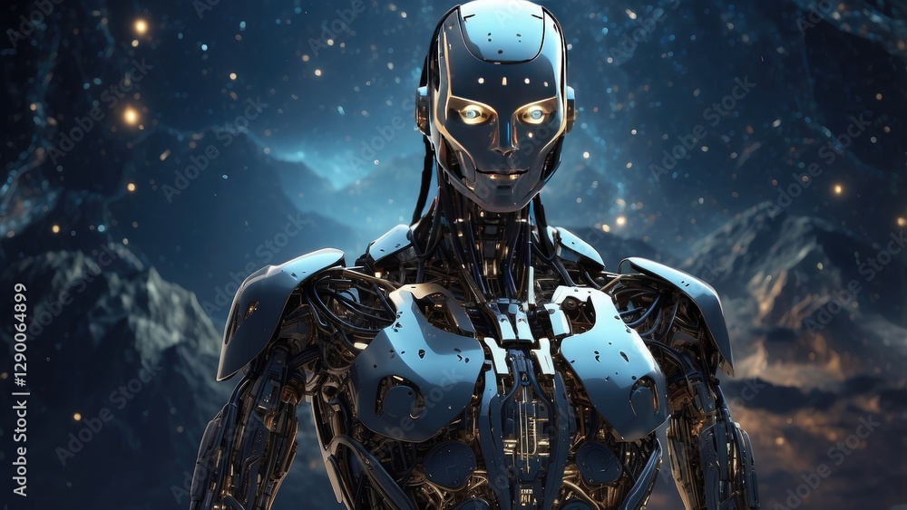 Fototapeta premium A small humanoid robot with an orange head and limbs