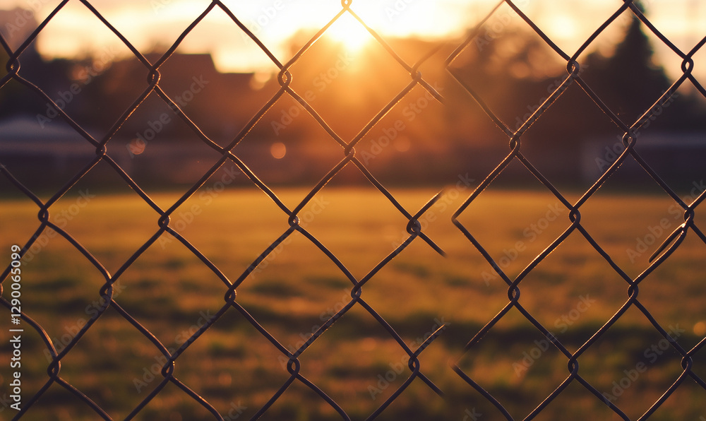 Chain-link fence dividing two fields at dusk creates dramatic contrast between nature and urban boundaries. Chain-link fence dividing two fields at dusk creates dramatic contrast between nature and urban boundaries.