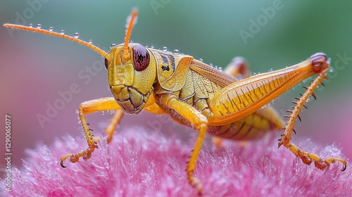 Wallpaper Mural Close-up of a vibrant yellow grasshopper on a pink flower Torontodigital.ca