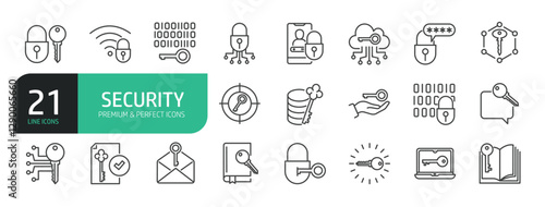Set Of Security Line Icons. The set includes a Padlock, Computer Network, Keys, Cybersecurity, Remote Work, Thief, and more.