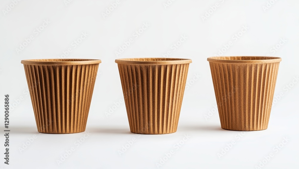 Three lined kraft paper coffee cups on white background Three lined kraft paper coffee cups on white background