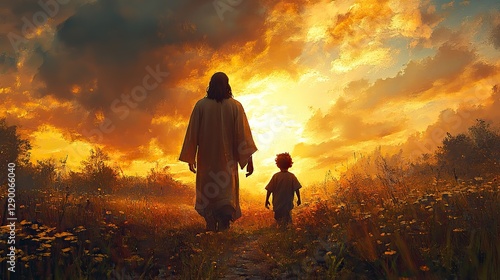 jesus walking with a kid artistic composite image rear view conceptual vector illustration