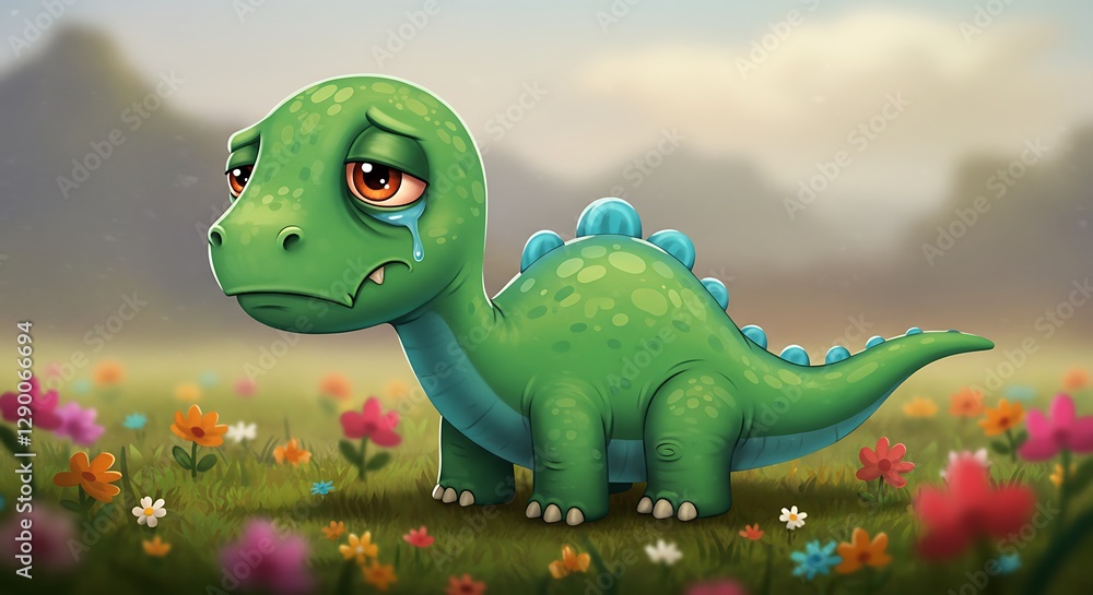 Fototapeta premium A Sad Little Dinosaur in a Field of Flowers