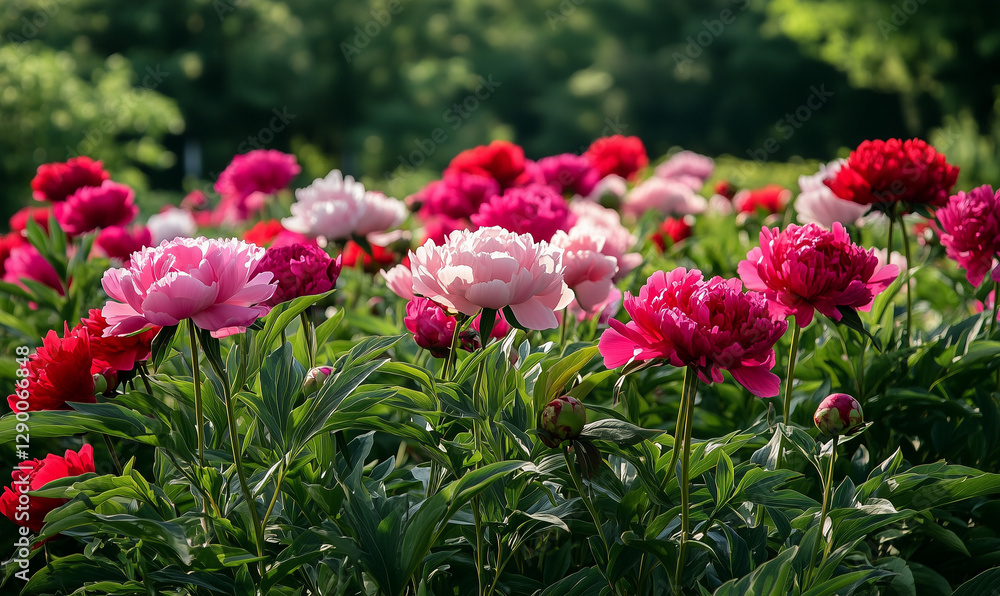 Lush red and pink peonies blooming in vibrant garden setting, offering exquisite natural floral beauty Lush red and pink peonies blooming in vibrant garden setting, offering exquisite natural floral beauty