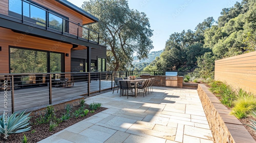 Modern outdoor patio with dining area, backyard, luxury home Modern outdoor patio with dining area, backyard, luxury home