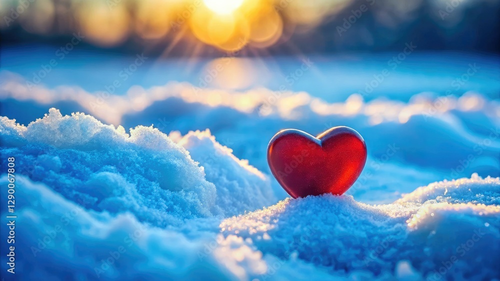 Fototapeta premium Miniature heart, snow-kissed, romantic winter scene in cool blue tones.