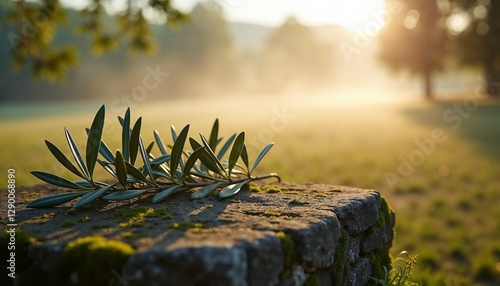 Serene countryside scene of an olive branch on moss-covered stone with soft mist in the background