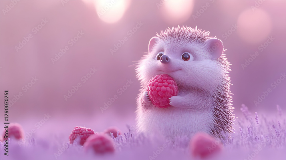 Fototapeta premium A cute hedgehog enjoys a raspberry in a dreamy pink landscape filled with berries and soft grass.