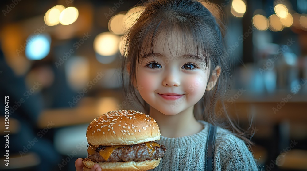 little asian girl eating hamburger in coffee shop shallow depth of field