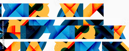 Circles, semi circles, squares and round triangles. Geometric mosaic style pattern abstract background for wallpaper, banner, backdrop, card, book Illustration, landing page
