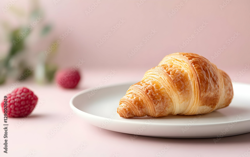 A delicious croissant served on a plate with fresh raspberries, perfect for breakfast or a cozy brunch. A delicious croissant served on a plate with fresh raspberries, perfect for breakfast or a cozy brunch.