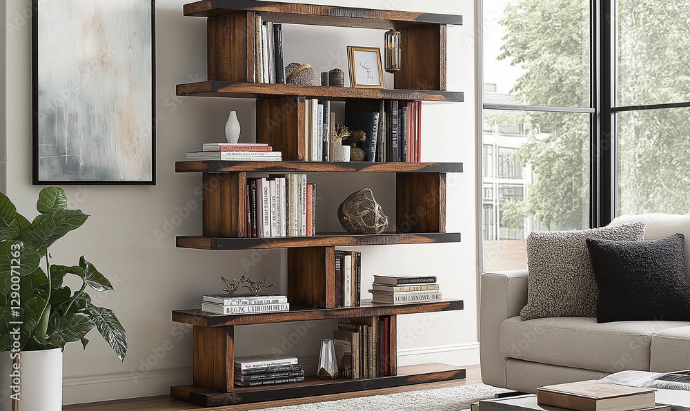 Multi-tier bookrack with wide base and narrow top, showcasing elegant storage and rustic design appeal Multi-tier bookrack with wide base and narrow top, showcasing elegant storage and rustic design appeal