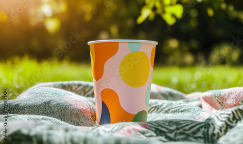 Paper cup adorned with colorful abstract design, capturing vibrant artistic expression and modern sustainable style